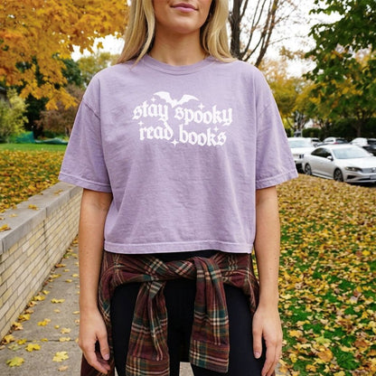Stay Spooky Read Books Heavyweight Comfort Colors Boxy Cropped Tee - Starry Skies Austin