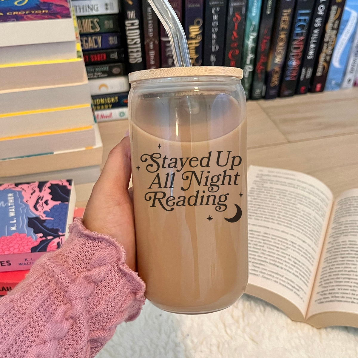 Stayed Up All Night Reading Clear Glass Cup with Bamboo Lid | Perfect for Book Lovers - Starry Skies Austin