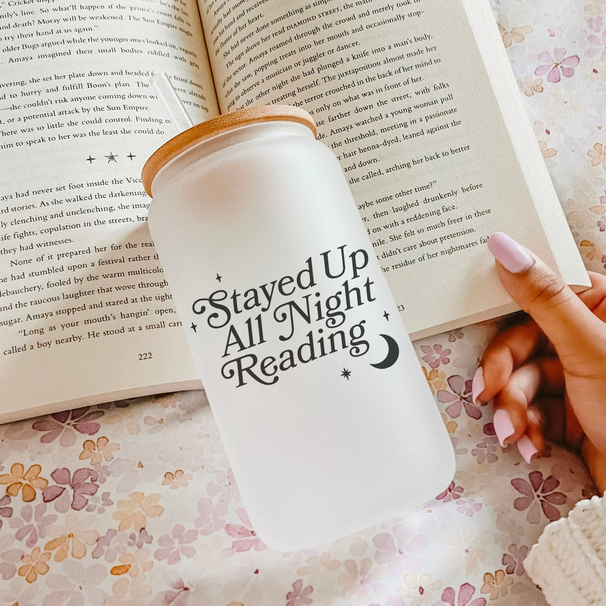 Stayed Up All Night Reading Frosted Glass Cup with Bamboo Lid and Reusable Straw - Bookish Drinkware for Readers - Starry Skies Austin