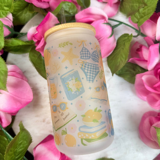 Summer Book Lover Full Wrap Frosted Glass Cup with Bamboo Lid & Straw - Starry Skies Austin