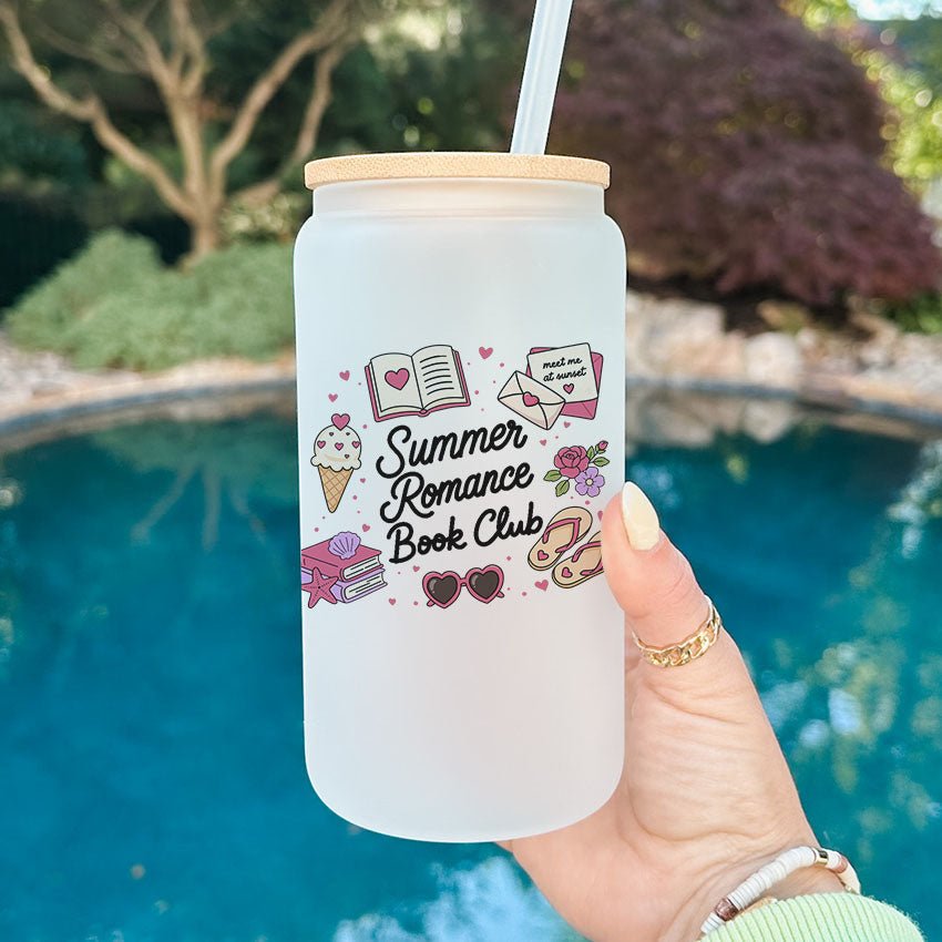 Summer Romance Book Club Frosted Glass Cup with Bamboo Lid & Straw - Starry Skies Austin