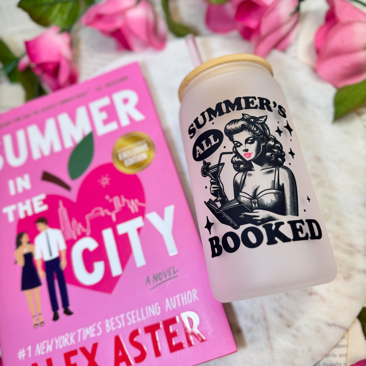 Summer’s All Booked Frosted Glass Cup with Bamboo Lid & Straw | Retro Bookish Drinkware - Starry Skies Austin