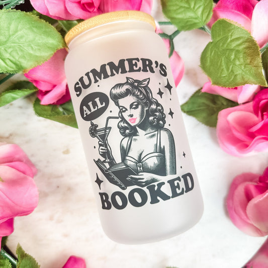 Summer’s All Booked Frosted Glass Cup with Bamboo Lid & Straw | Retro Bookish Drinkware - Starry Skies Austin