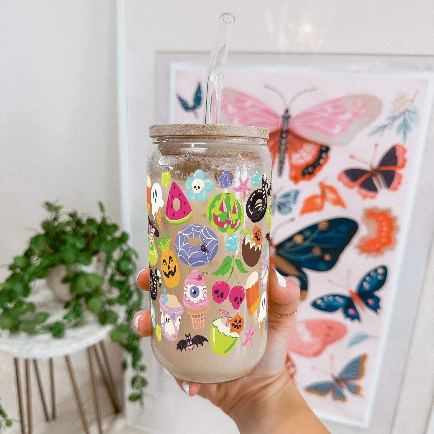 Summerween Glass Cup, Mug & Tumbler with Lid and Straw - Starry Skies Austin
