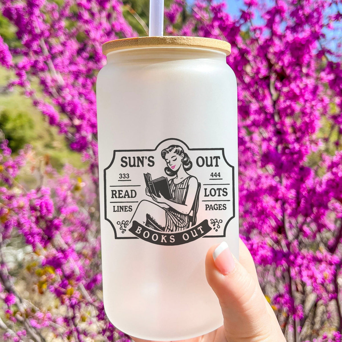Sun’s Out Books Out Retro Frosted Glass Cup with Bamboo Lid and Straw - Starry Skies Austin