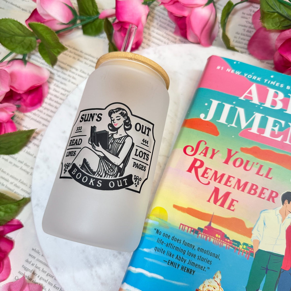 Sun’s Out Books Out Retro Frosted Glass Cup with Bamboo Lid and Straw - Starry Skies Austin