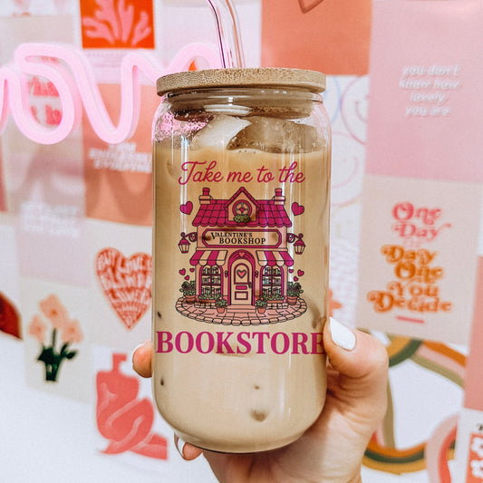Take Me to the Bookstore Valentine's Clear Glass Cup with Bamboo Lid & Plastic Straw - Starry Skies Austin