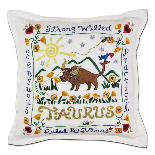 Taurus Astrology Hand-Embroidered Pillow by Cat Studio - Starry Skies Austin