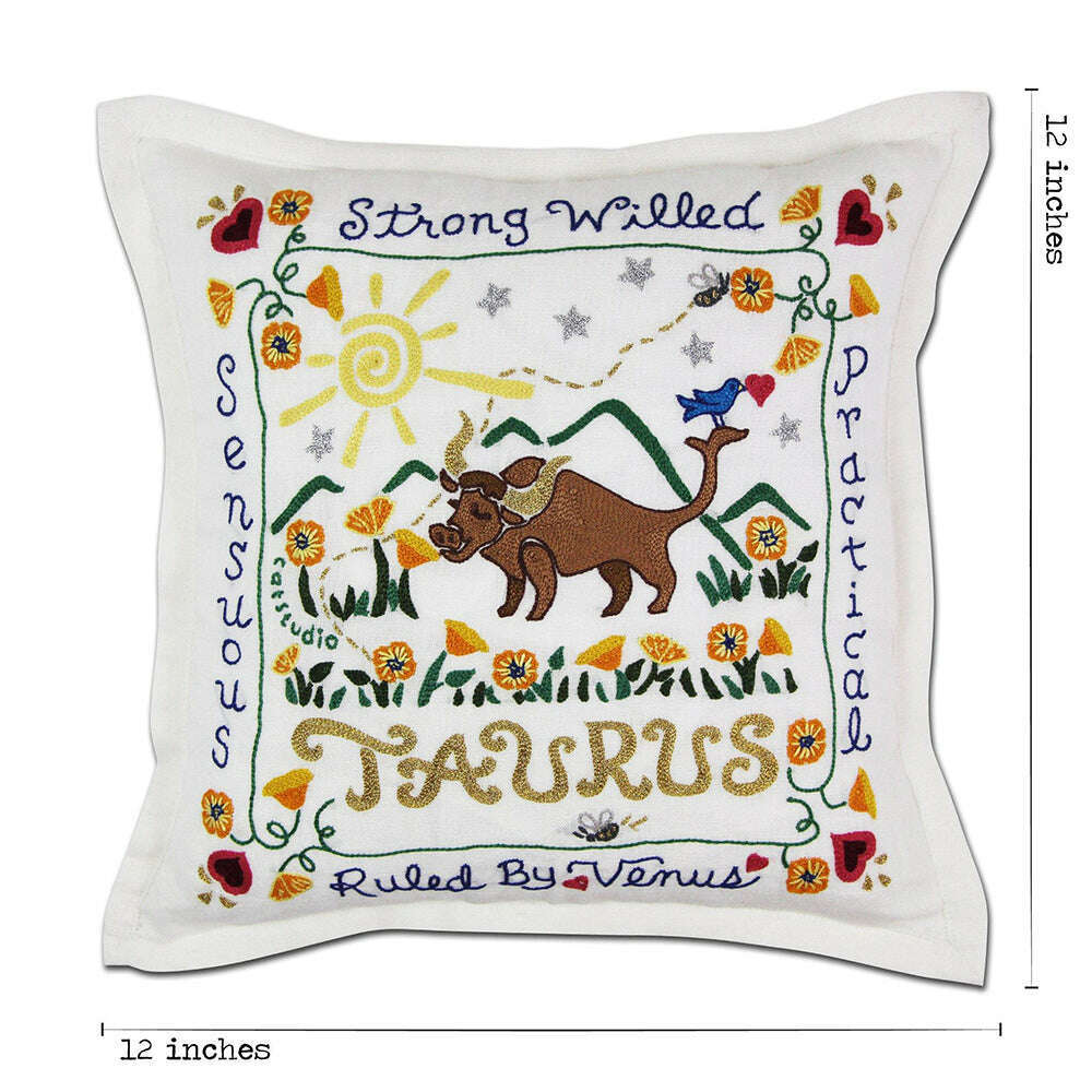 Taurus Astrology Hand-Embroidered Pillow by Cat Studio - Starry Skies Austin