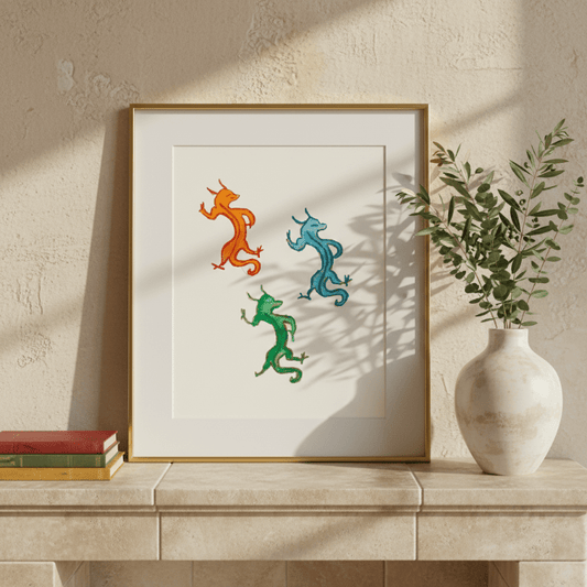 Three Dancing Dragons Fine Art Print Medieval Folklore Decor - Starry Skies Austin