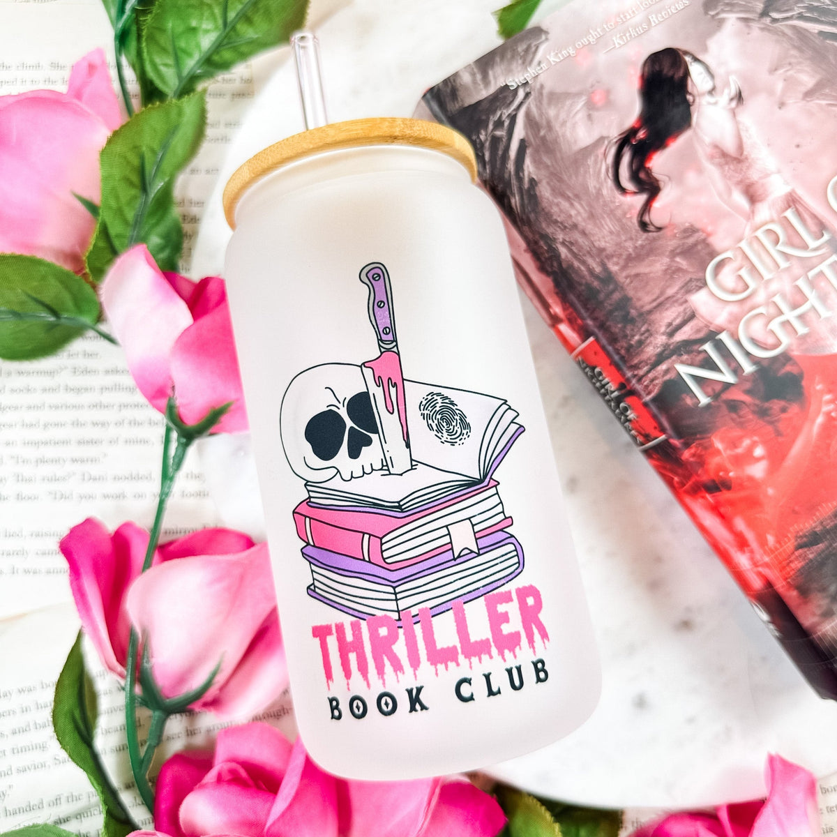 Thriller Book Club 16oz Frosted Glass Cup – Perfect for Book Lovers and Mystery Enthusiasts - Starry Skies Austin