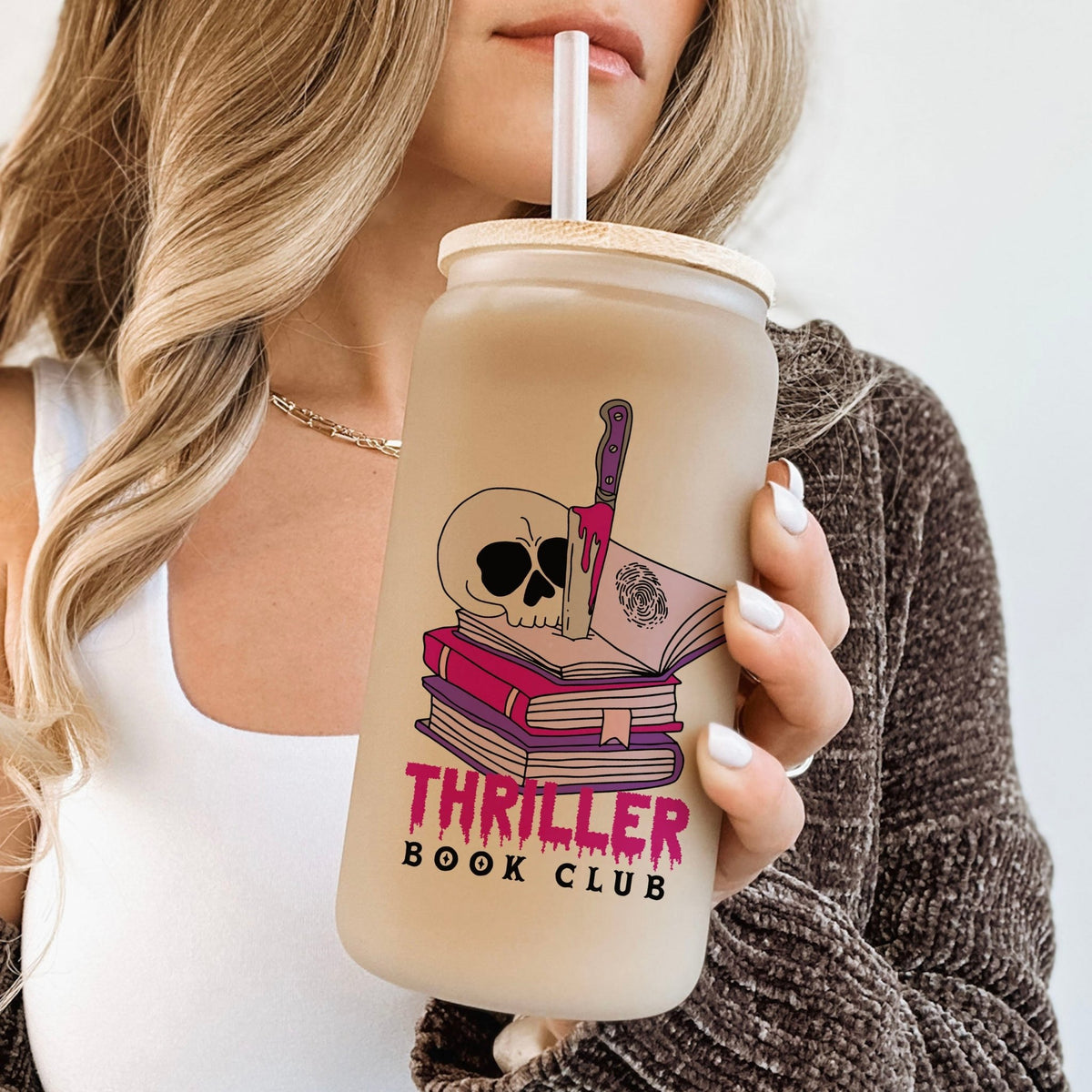 Thriller Book Club 16oz Frosted Glass Cup – Perfect for Book Lovers and Mystery Enthusiasts - Starry Skies Austin