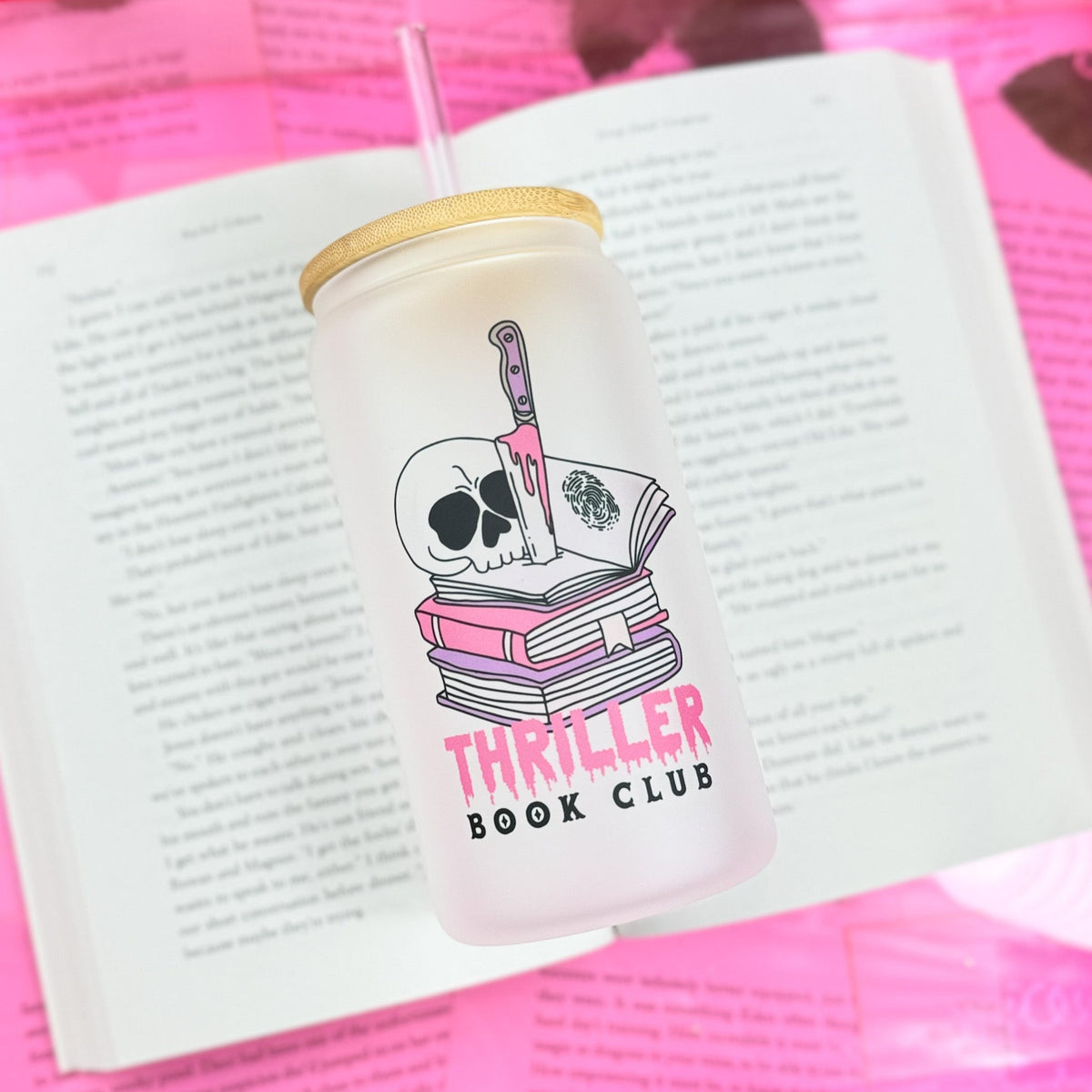 Thriller Book Club 16oz Frosted Glass Cup – Perfect for Book Lovers and Mystery Enthusiasts - Starry Skies Austin