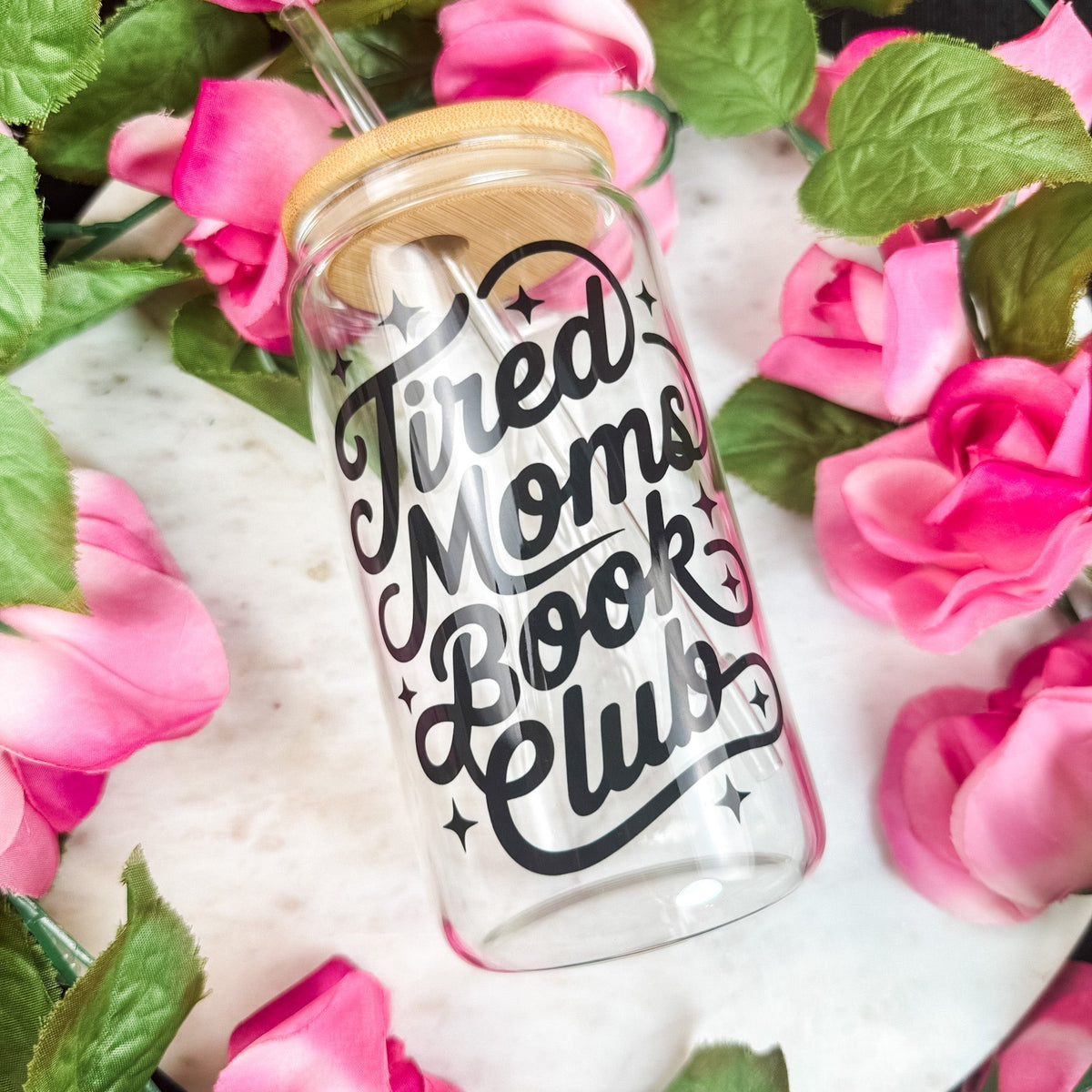 Tired Moms Book Club Clear Glass Cup with Bamboo Lid & Straw - Starry Skies Austin
