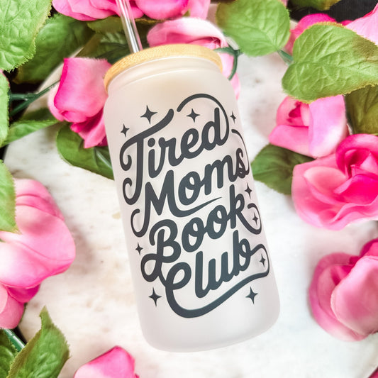 Tired Moms Book Club Frosted Glass Cup with Bamboo Lid & Straw - Starry Skies Austin