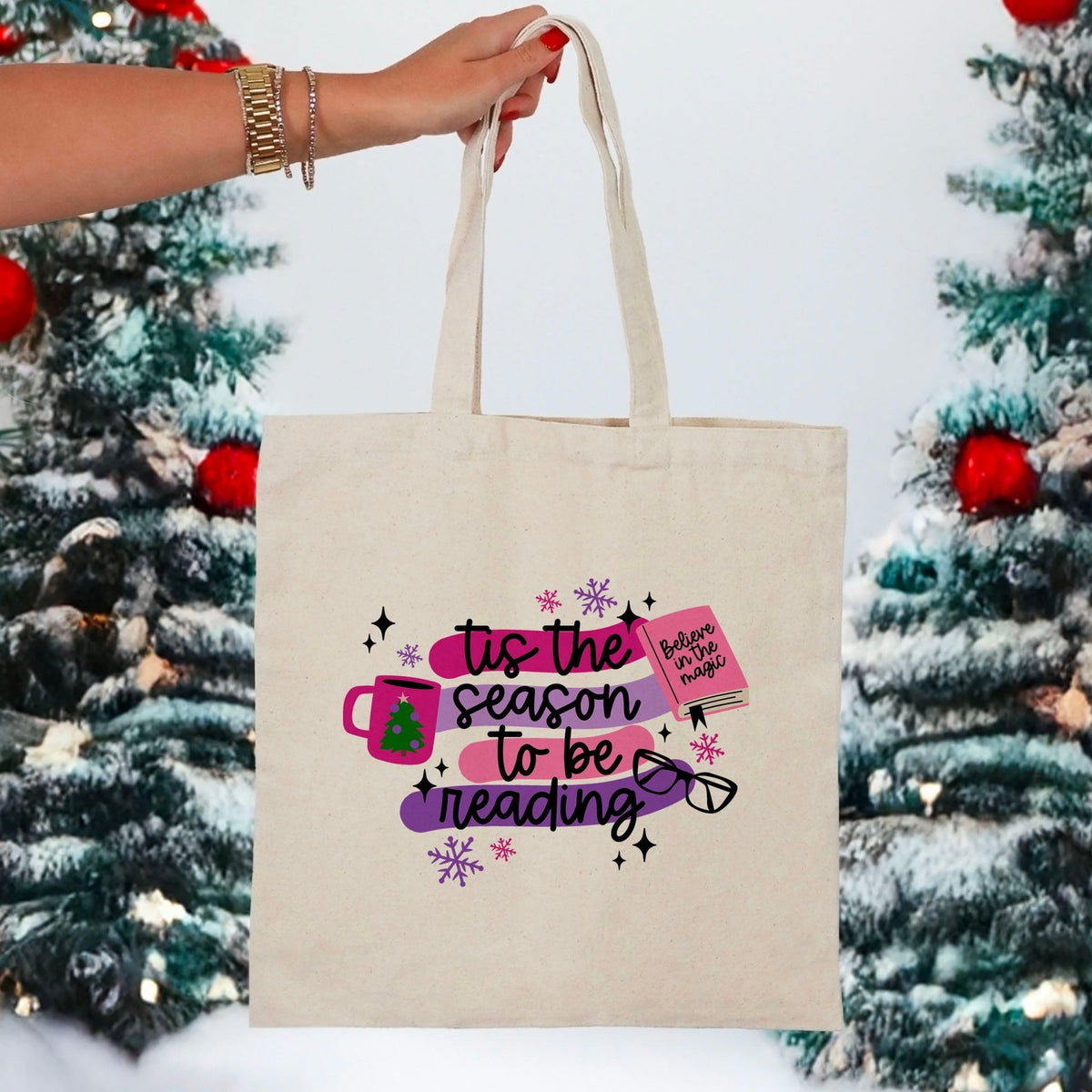 Tis the Season to Be Reading Holiday Canvas Tote Bag | Festive Bookish Christmas Gift for Readers - Starry Skies Austin