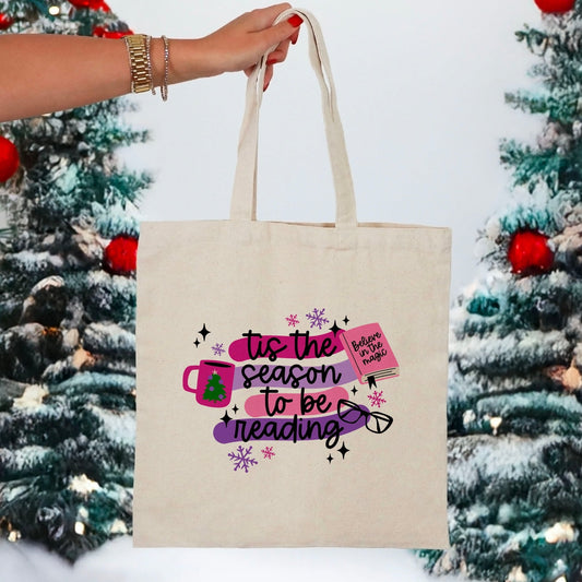 Tis the Season to Be Reading Holiday Canvas Tote Bag | Festive Bookish Christmas Gift for Readers - Starry Skies Austin