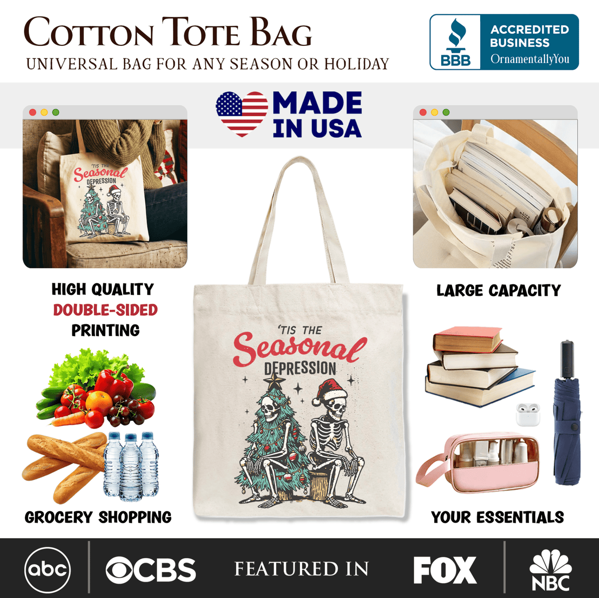 Tis the Seasonal Depression Tote Bag, Dark Humor Christmas Gift Shopper for Festive Mood Swingers - Starry Skies Austin