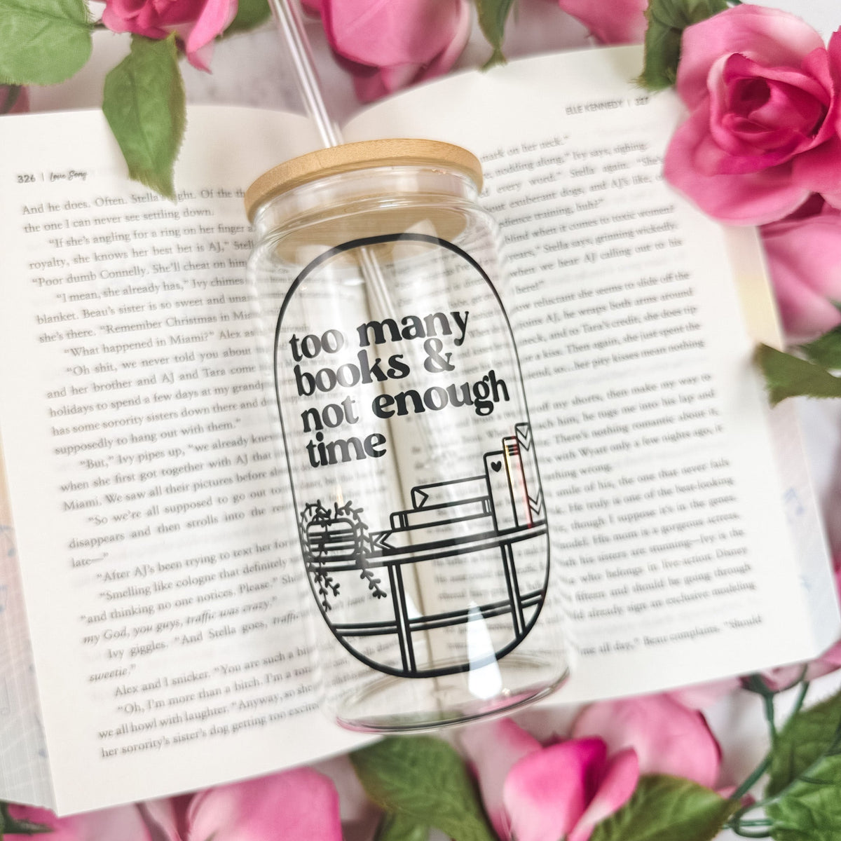 Too Many Books Not Enough Time Clear Glass Cup With Bamboo Lid And Straw - Starry Skies Austin