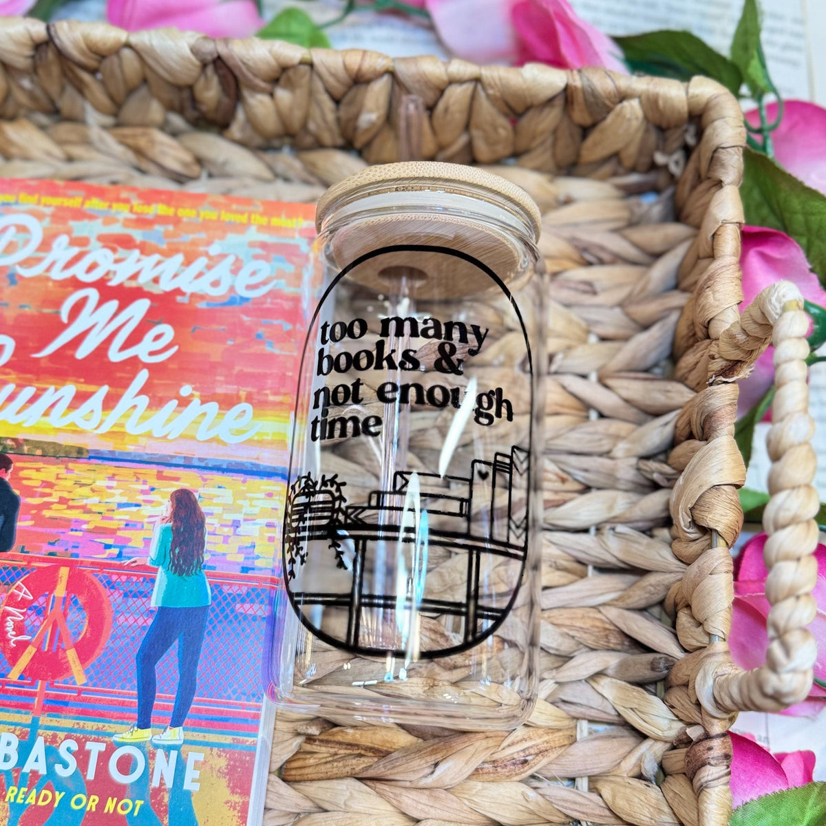 Too Many Books Not Enough Time Clear Glass Cup With Bamboo Lid And Straw - Starry Skies Austin