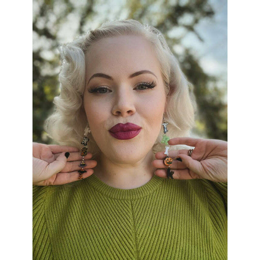 Trick or Treat Halloween Earrings by Lipstick & Chrome — Spooky Drop Earrings - Starry Skies Austin