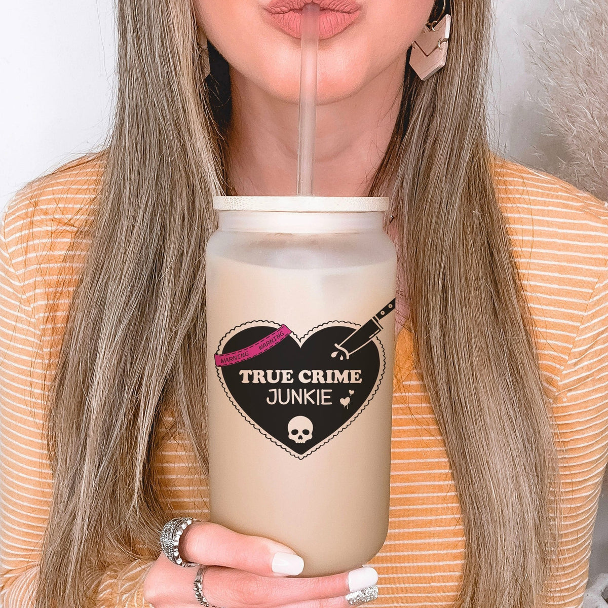True Crime Junkie Frosted Glass Cup with Bamboo Lid and Straw - Starry Skies Austin