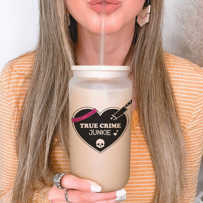 True Crime Junkie Frosted Glass Cup with Bamboo Lid and Straw - Starry Skies Austin