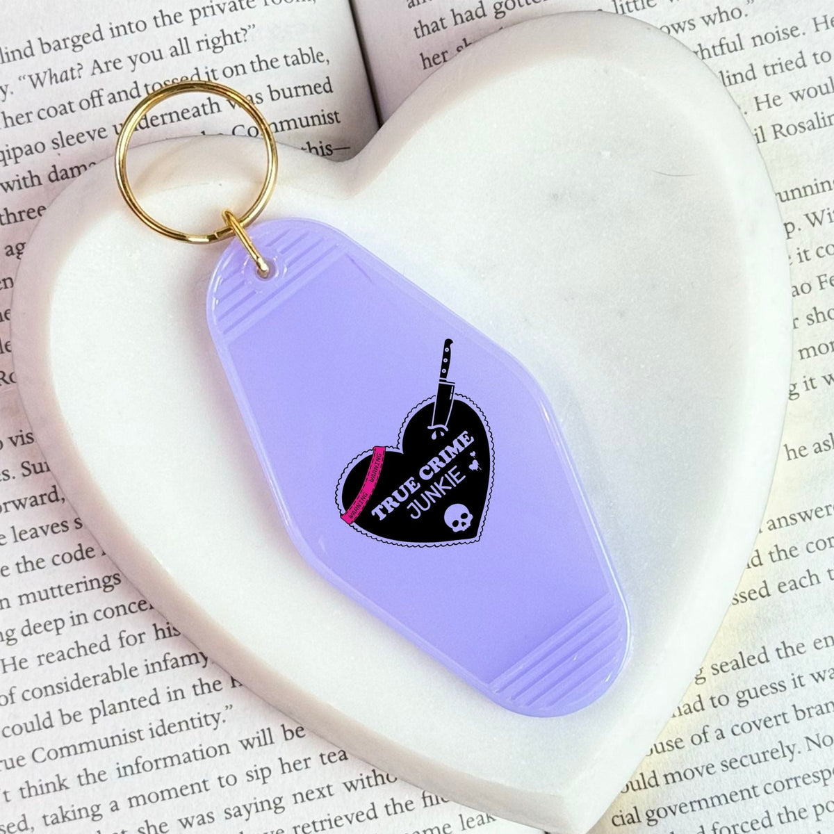 True Crime Junkie Motel Keychain for Mystery and Crime Book Lovers - Starry Skies Austin