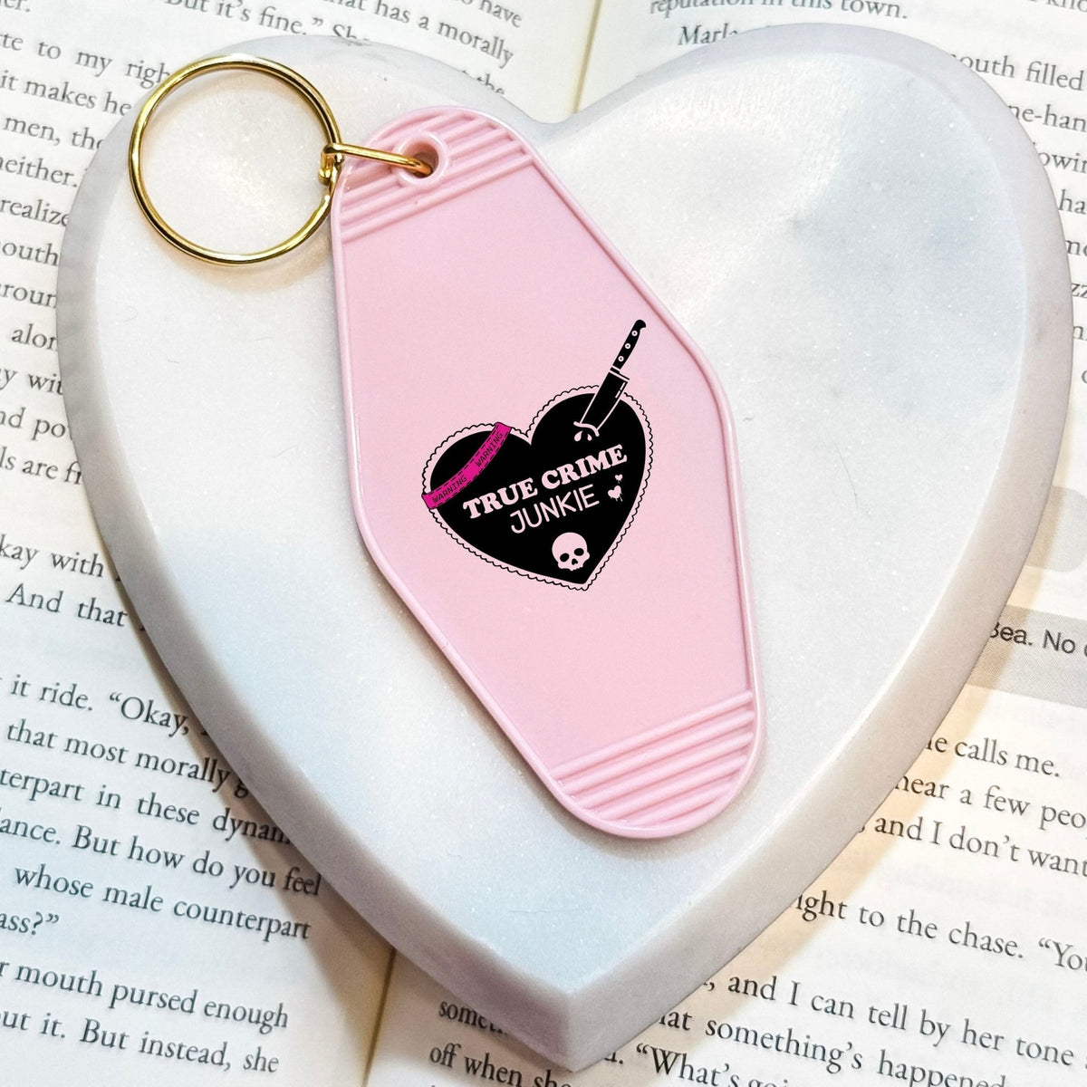 True Crime Junkie Motel Keychain for Mystery and Crime Book Lovers - Starry Skies Austin