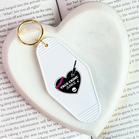 True Crime Junkie Motel Keychain for Mystery and Crime Book Lovers - Starry Skies Austin