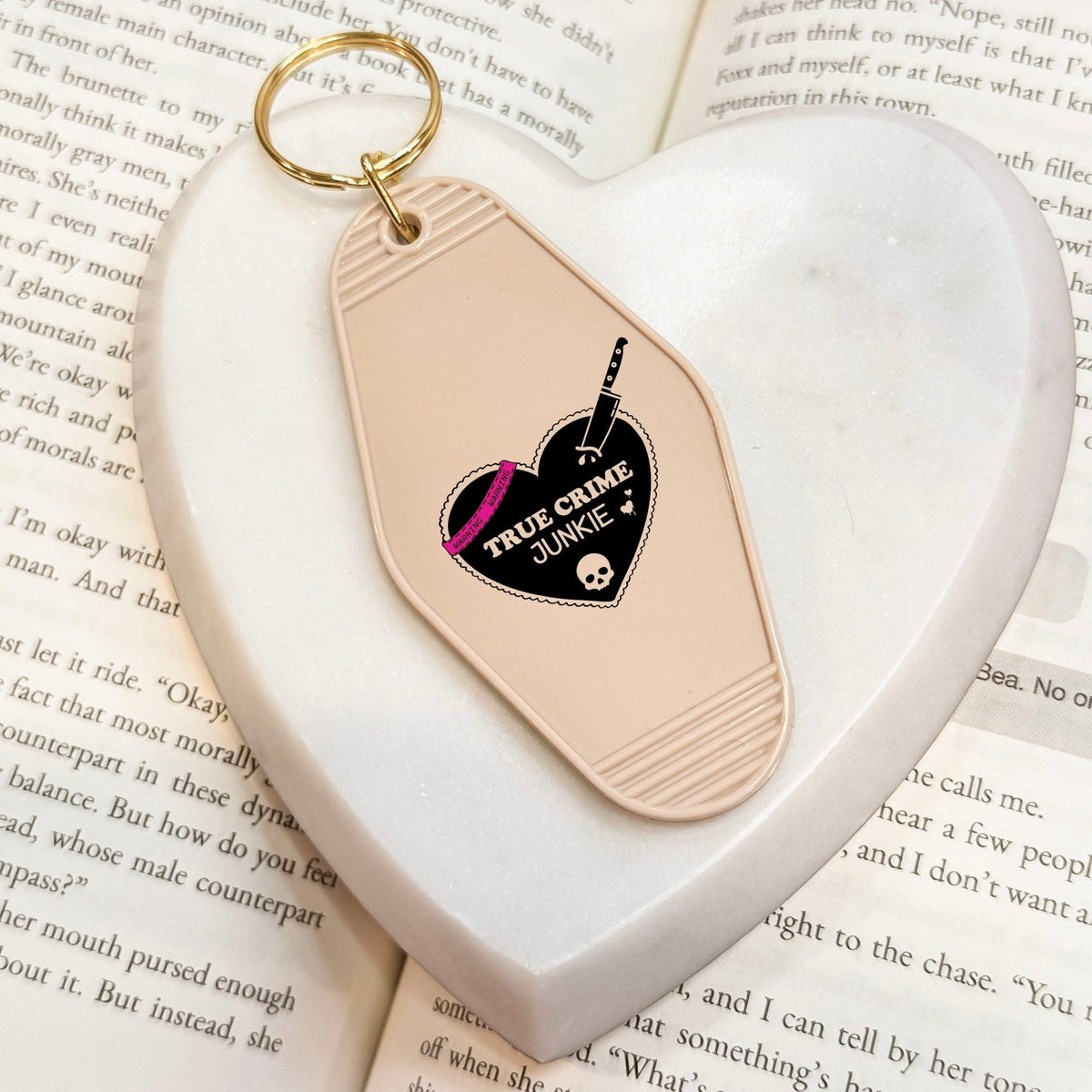 True Crime Junkie Motel Keychain for Mystery and Crime Book Lovers - Starry Skies Austin