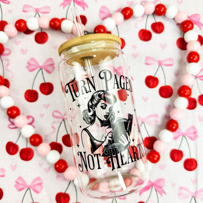 Turn Pages Not Hearts Clear Glass Cup with Bamboo Lid & Straw - Starry Skies Austin