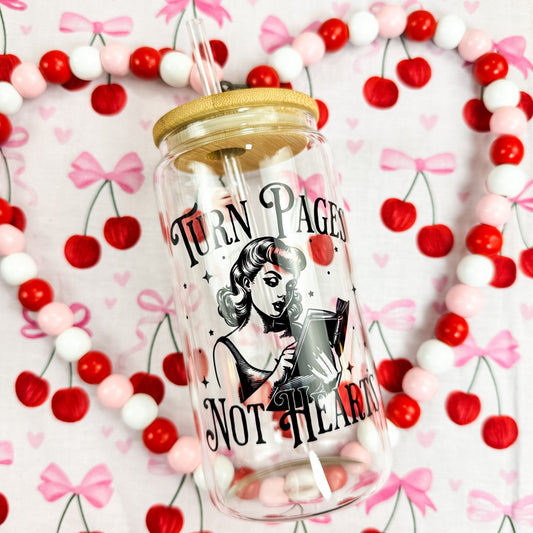 Turn Pages Not Hearts Clear Glass Cup with Bamboo Lid & Straw - Starry Skies Austin