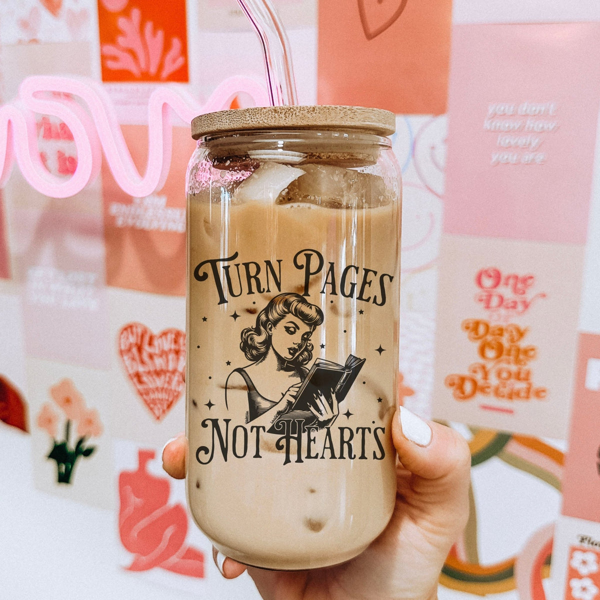 Turn Pages Not Hearts Clear Glass Cup with Bamboo Lid & Straw - Starry Skies Austin