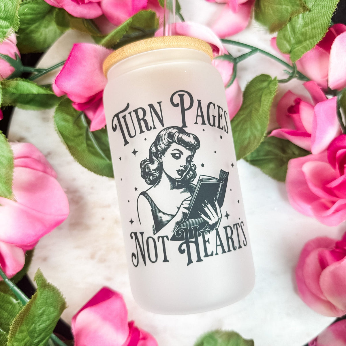 Turn Pages Not Hearts Frosted Glass Cup with Bamboo Lid & Straw - Starry Skies Austin