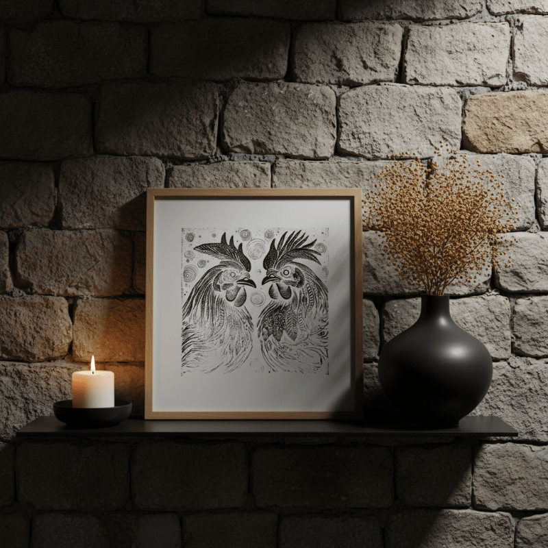Twin Rooster Folk Art Print Archival Wall Decor - Starry Skies Austin