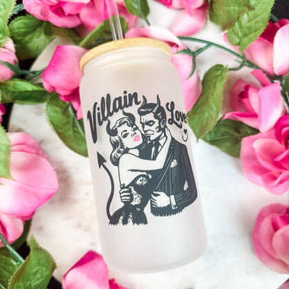 Villain Lover Frosted Glass Cup w/Bamboo Lid and Straw - Starry Skies Austin