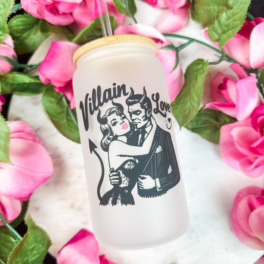Villain Lover Frosted Glass Cup w/Bamboo Lid and Straw - Starry Skies Austin