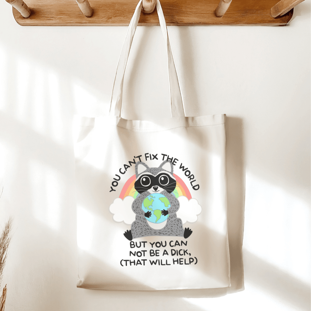 You Can't Fix the World Raccoon Sublimated Canvas Tote Bag - Starry Skies Austin