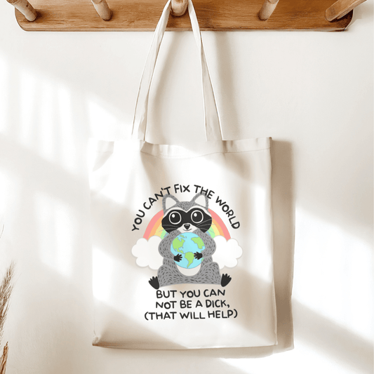 You Can't Fix the World Raccoon Sublimated Canvas Tote Bag - Starry Skies Austin